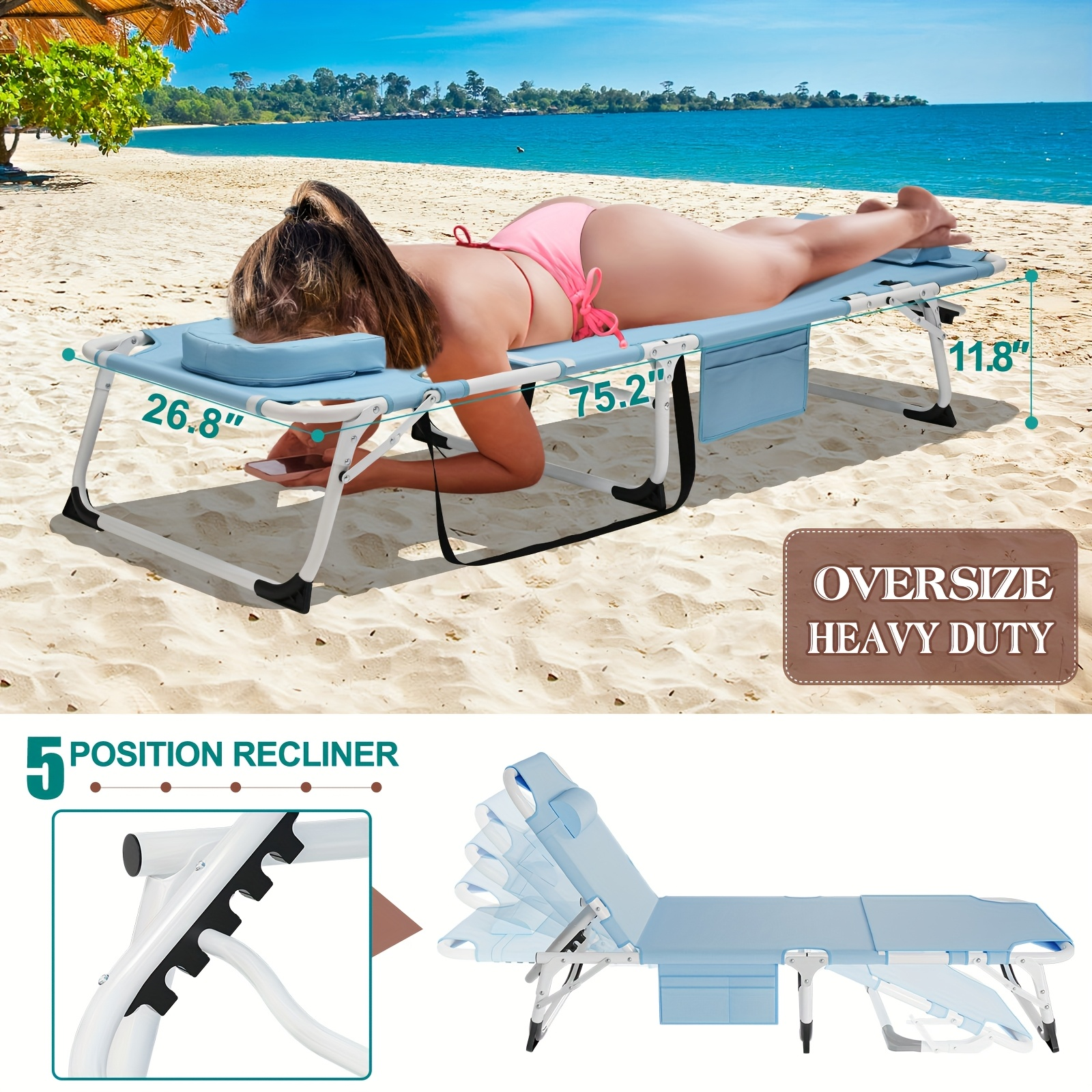 Folding Chaise Lounge Chair for Outdoor Tanning – 5-Position Adjustable Sunbathing Lounger with Face Hole for Pool, Beach & Backyard – Standard & Oversize Available