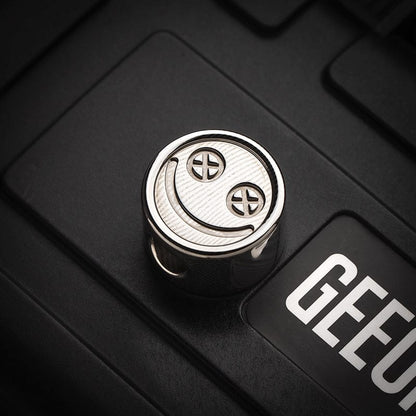 EDC Lanyard Bead – Bad Guy Smile | Titanium Zirconium Damascus Mokuti Super Conductor