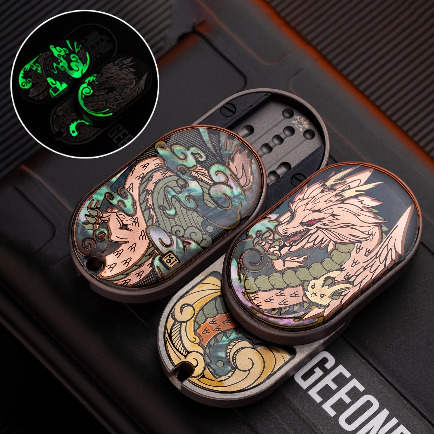 Mechanical Slider – MOT Groove | Titanium Zirconium Dragon EDC Push Slider