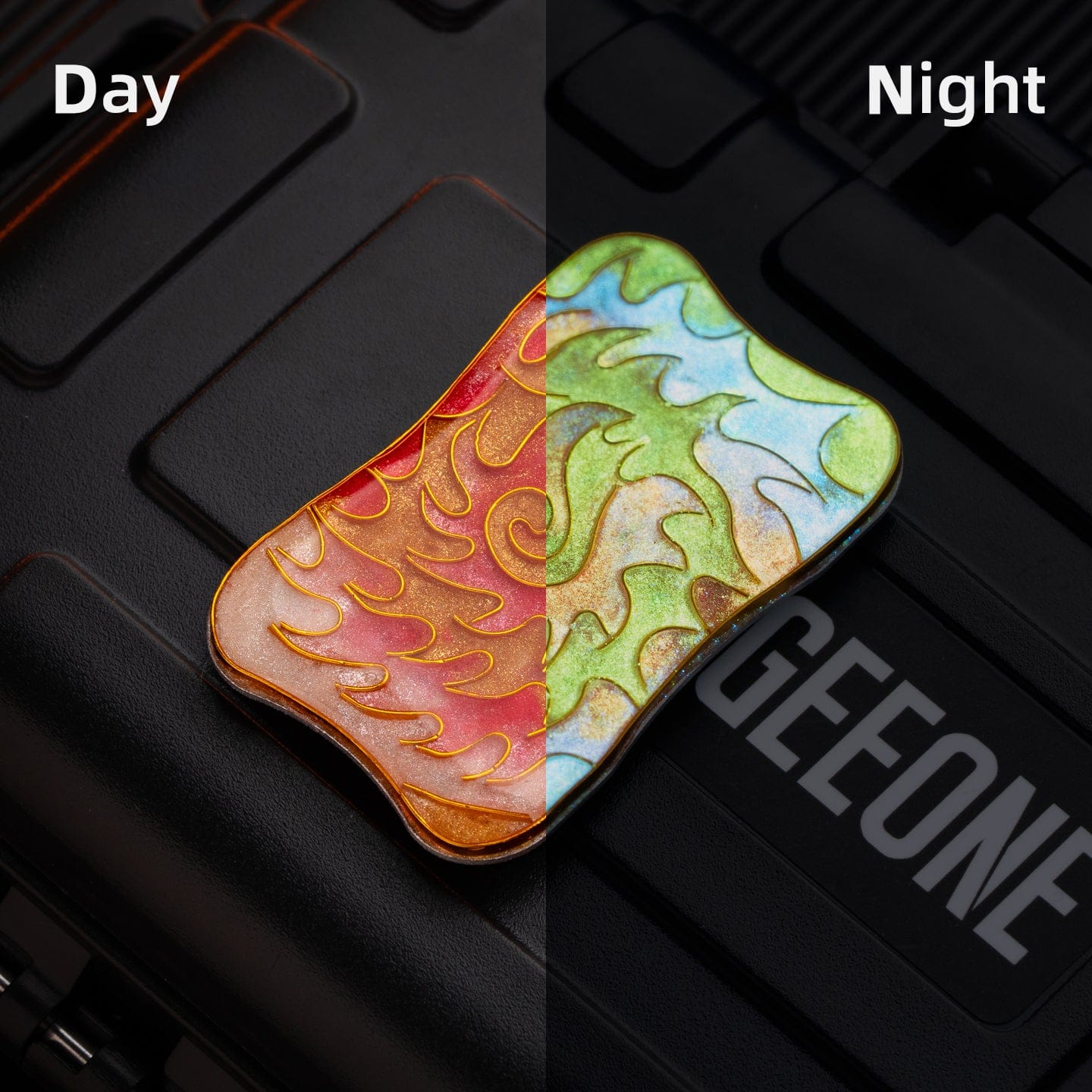 EDC Slider – Peacock Aura Sand | Stainless Steel Titanium Zirconium Sand Push Slider